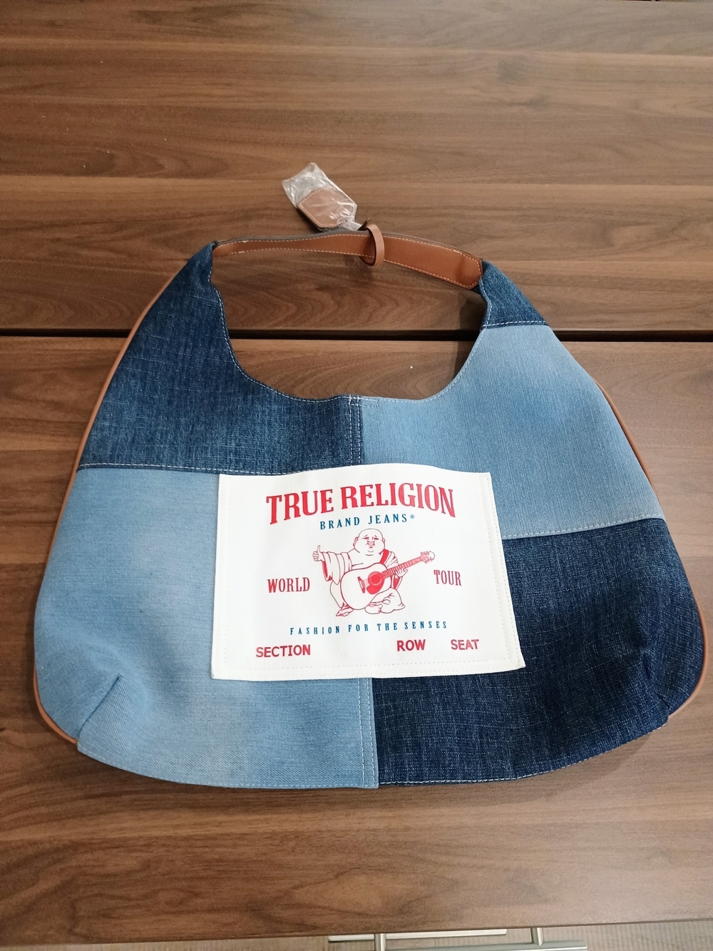 True Religion Two-Tone Denim Patch Hobo with Tan Trim